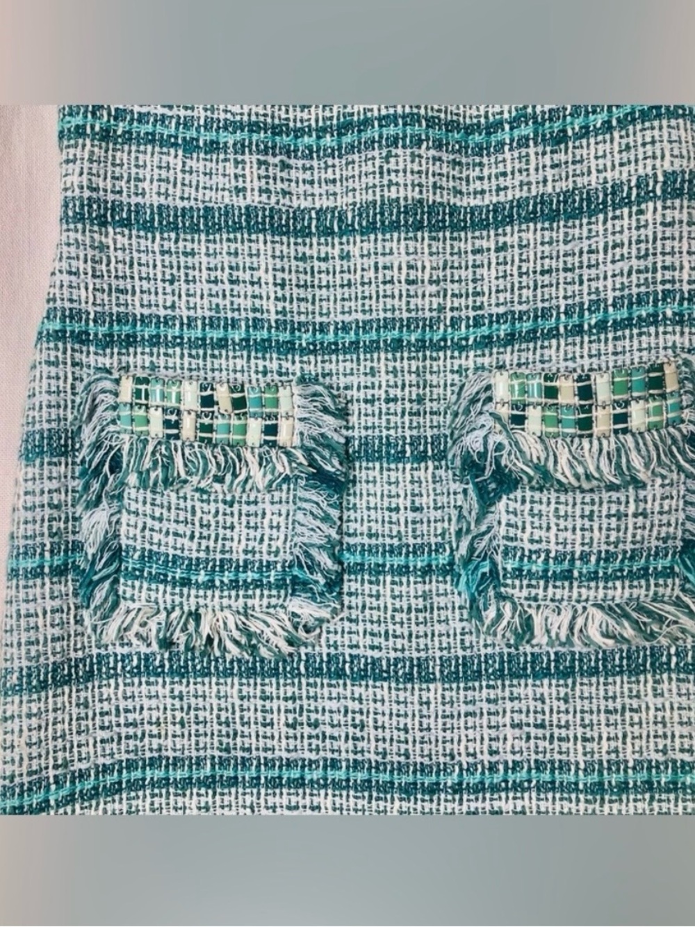 Tory Burch Tweed Fringe Shift Dress Turquoise White Size 0 sleeveless - Picture 4 of 5